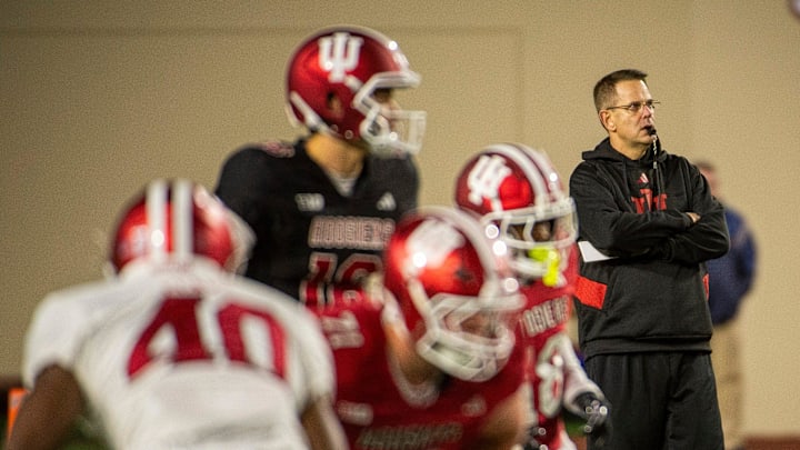 Indiana Head Coach Curt Cignetti watches during the Indiana football spring game at Memorial Stadium on Thursday, April 17, 2025.