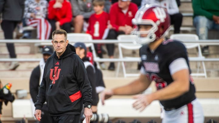Indiana Head Coach Curt Cignetti watches as the Hoosiers get ready before the start of the Indiana football spring game at Memorial Stadium on Thursday, April 17, 2025.