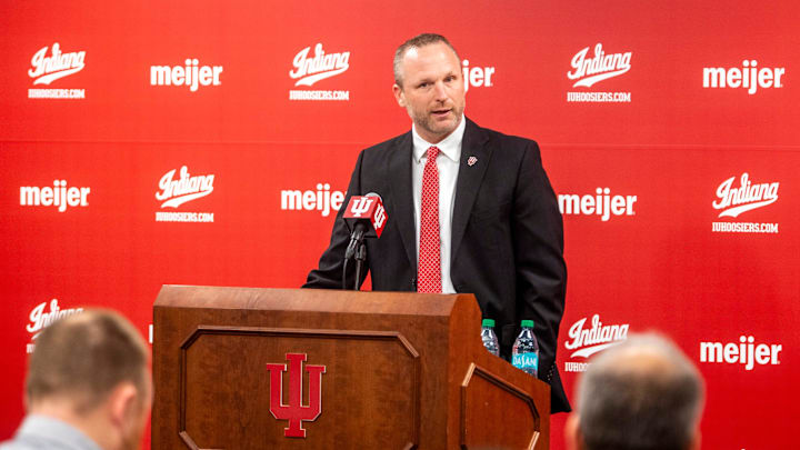 Indiana University men's basketball Head Coach Darian DeVries speaks at the introductory press conference at Simon Skjodt Assembly Hall on Wednesday, March 19, 2025.