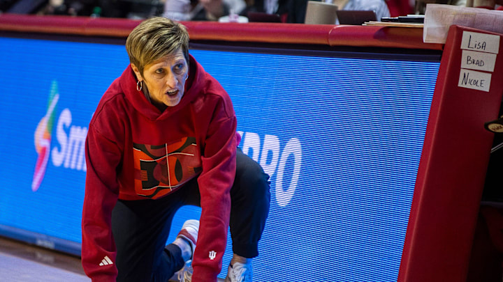 Indiana Head Coach Teri Moren talks with other coaches during the Indiana versus Rutgers women's basketball game at Simon Skjodt Assembly Hall on Thursday, Feb. 6, 2025.