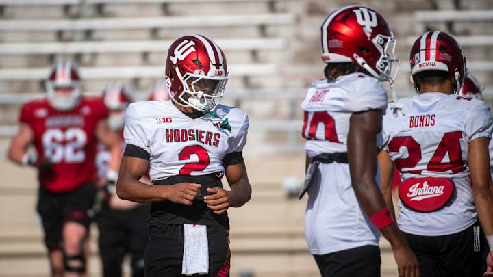 Indiana's Byron Baldwin Jr. (2) at Indiana University football practice on Tuesday, Aug. 5, 2025.