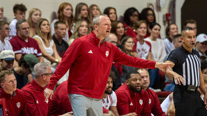 Indiana Head Coach Darian DeVries during the Indiana versus Marian men's basketball game at Simon Skjodt Assembly Hall on Friday, Oct. 17, 2025. Indiana Head Coach Darian DeVries during the Indiana versus Marian men's basketball game at Simon Skjodt Assembly Hall on Friday, Oct. 17, 2025.