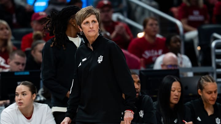 Indiana Hoosiers head coach Teri Moren watches her defense Friday, March 7, 2025, against the USC Trojans during the Big Ten women's tournament at Gainbridge Fieldhouse in Indianapolis.