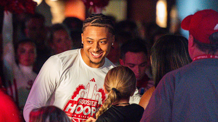 Indiana's Jason Drake is introduced during the Hoosier Hoops on Kirkwood event on Kirkwood Avenue just outside the Sample Gates on Thursday, Oct. 2, 2025.