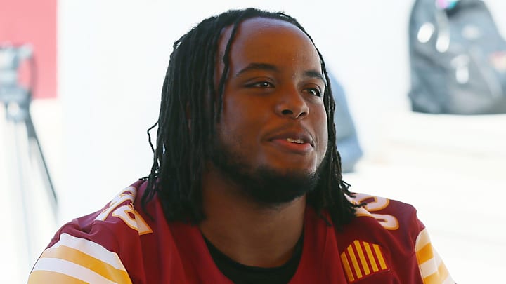 Iowa State defensive line Domonique Orange talks to media during the university football media day at Jack Trice Stadium on Friday, August 2, 2024, in Ames, Iowa. Iowa State defensive line Domonique Orange talks to media during the university football media day at Jack Trice Stadium on Friday, August 2, 2024, in Ames, Iowa.