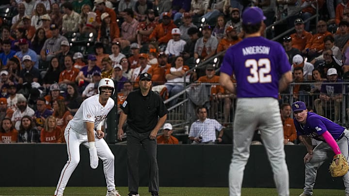 Texas Longhorns outfielder Will Gasparino (8) watches LSU pitcher Kade Anderson (32) from first during the game at UFCU Disch-Falk Field on Friday, March. 21, 2025.