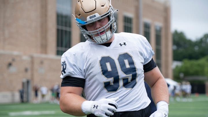 Rylie Mills DL of the Fighting Irish at Notre Dame football practice at the Irish Athletic Center on