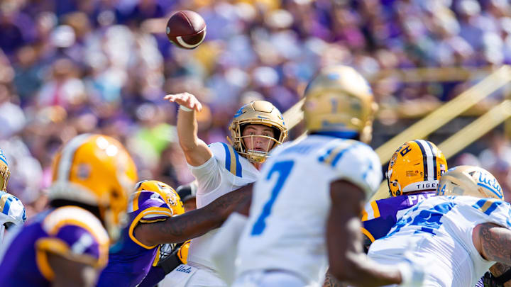 Bruins Quarterback Ethan Garbers 4 as the LSU Tigers take on UCLA at Tiger Stadium in Baton Rouge, LA. Saturday, Sept. 21, 2024.