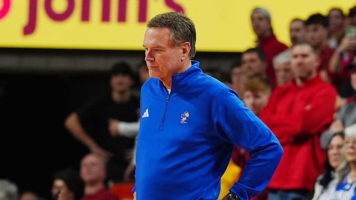 Kansas Jayhawks men's basketball head coach Bill Self watches the game from bench against Iowa during the second half in the Big-12 conference basketball showdown on Feb. 14, 2026, at Hilton Coliseum, in Ames, Iowa.