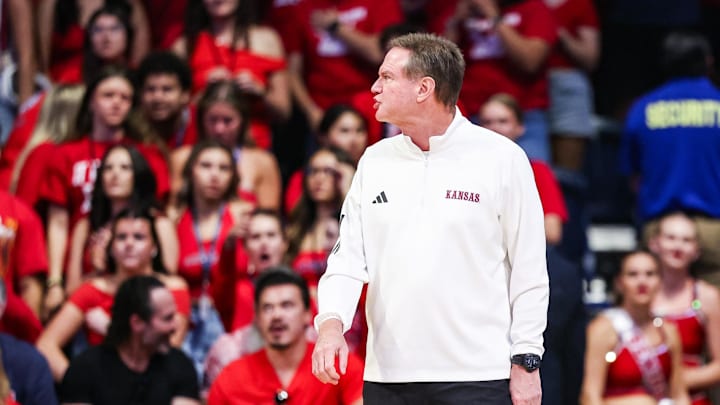 Feb 28, 2026; Tucson, Arizona, USA; Kansas Jayhawks head coach Bill Self yells towards the referee during the first half of the game against the Arizona Wildcats at McKale Memorial Center. Mandatory Credit: Aryanna Frank-Imagn Images Feb 28, 2026; Tucson, Arizona, USA; Kansas Jayhawks head coach Bill Self yells towards the referee during the first half of the game against the Arizona Wildcats at McKale Memorial Center. Mandatory Credit: Aryanna Frank-Imagn Images