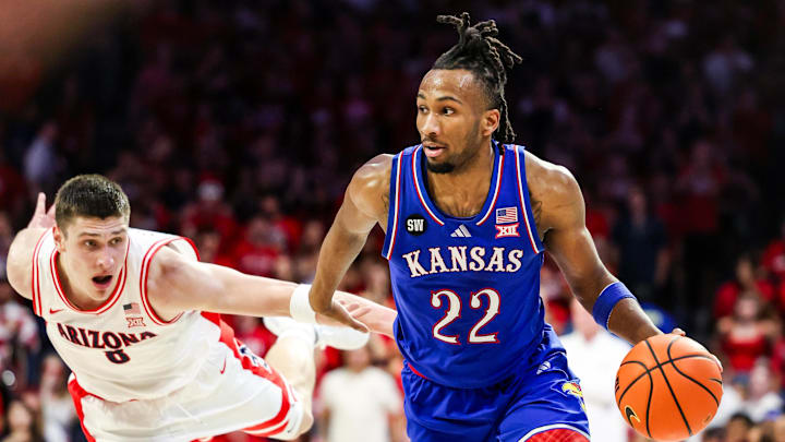 Feb 28, 2026; Tucson, Arizona, USA; Kansas Jayhawks guard Darryn Peterson (22) dribbles the ball during the first half of the game against the Arizona Wildcats at McKale Memorial Center. Mandatory Credit: Aryanna Frank-Imagn Images Feb 28, 2026; Tucson, Arizona, USA; Kansas Jayhawks guard Darryn Peterson (22) dribbles the ball during the first half of the game against the Arizona Wildcats at McKale Memorial Center. Mandatory Credit: Aryanna Frank-Imagn Images