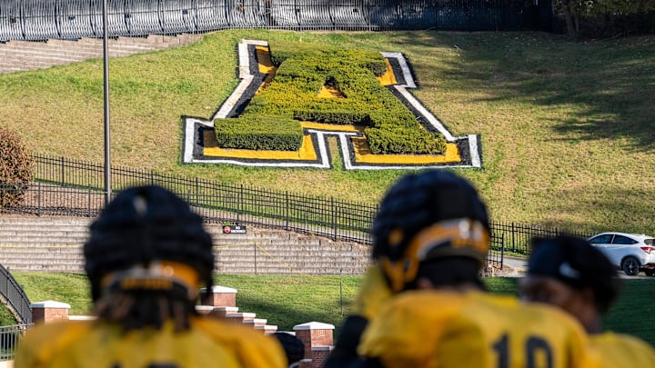 A large topiary ÒAÓ shines in the afternoon sun during the AppState Mountaineers' football practice at Appalachian State University in Boone, NC, on Wednesday, Oct. 23, 2024.
