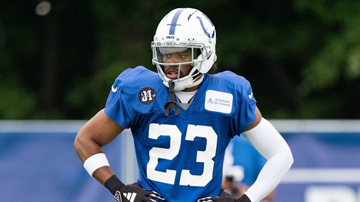 Indianapolis Colts cornerback Kenny Moore II (23) waits for a one-on-one Monday, July 28, 2025, during training camp held at Grand Park in Westfield.