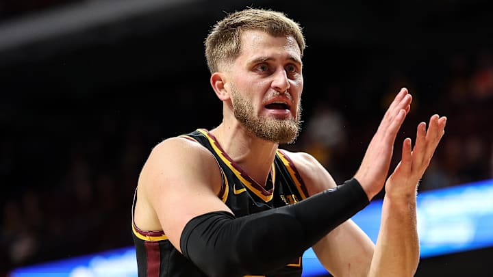 Dec 4, 2024; Minneapolis, Minnesota, USA; Minnesota Golden Gophers forward Parker Fox (23) reacts towards a referee during the first half against the Michigan State Spartans at Williams Arena. Mandatory Credit: Matt Krohn-Imagn Images