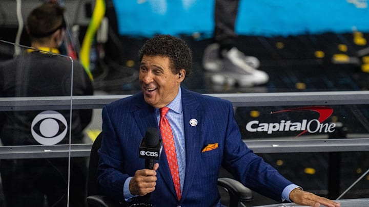 Apr 5, 2021; Indianapolis, IN, USA; CBS announcer Greg Gumbel prior to the national championship game in the Final Four of the 2021 NCAA Tournament between the Gonzaga Bulldogs and the Baylor Bears at Lucas Oil Stadium. Mandatory Credit: Kyle Terada-Imagn Images