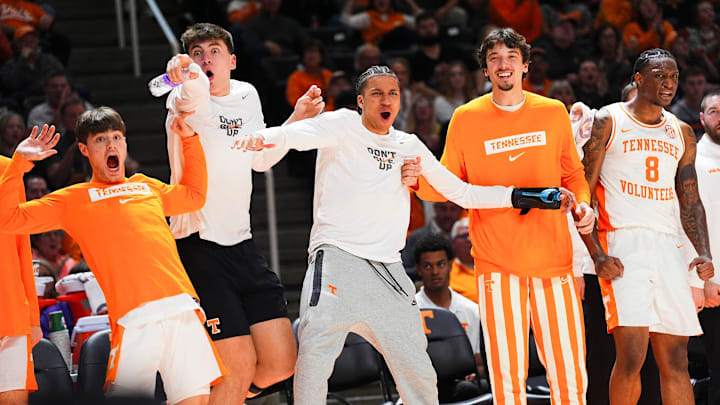 The Tennessee bench reacts after a dunk by teammate Tennessee forward Igor Milicic Jr., not pictured, during a college basketball game between Tennessee and Western Carolina held at Thompson-Boling Arena at Food City Center in Knoxville, Tenn., on Tuesday, Dec. 17, 2024.