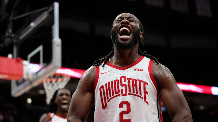 Ohio State Buckeyes guard Bruce Thornton (2) reacts to a made shot and foul call during the second half of the NCAA men's basketball game against the Iowa Hawkeyes at Value City Arena on Jan. 27, 2025. Ohio State won 82-65.