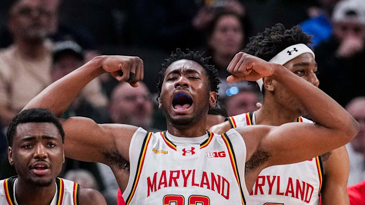 Maryland Terrapins forward Jordan Geronimo (22) and the bench cheer for their teammates Saturday, March 15, 2025, in a semifinals game at the 2025 TIAA Big Ten Men’s Basketball Tournament between the Michigan Wolverines and the Maryland Terrapins at Gainbridge Fieldhouse in Indianapolis.