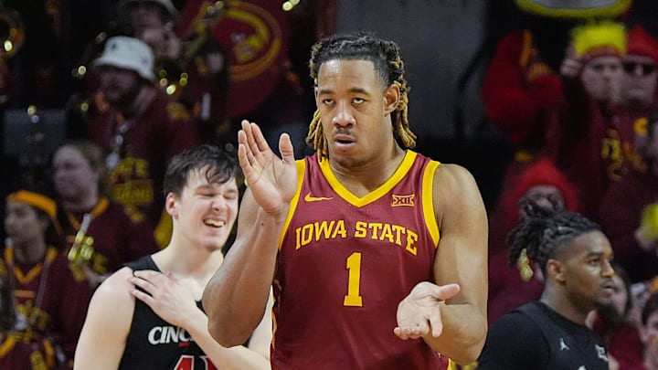 Iowa State Cyclones center Dishon Jackson (1) reacts after a defensive play against Cincinnati during the second half in the Big-12 men’s basketball at Hilton Coliseum on Feb. 15, 2025 in Ames, Iowa.