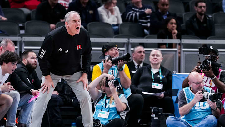 Rutgers Scarlet Knights head coach Steve Pikiell yells at his team Wednesday, March 12, 2025, in a first round game at the 2025 TIAA Big Ten Men’s Basketball Tournament between the USC Trojans and the Rutgers Scarlet Knights at Gainbridge Fieldhouse in Indianapolis. The Hawkeyes defeated the Buckeyes, 77-70.