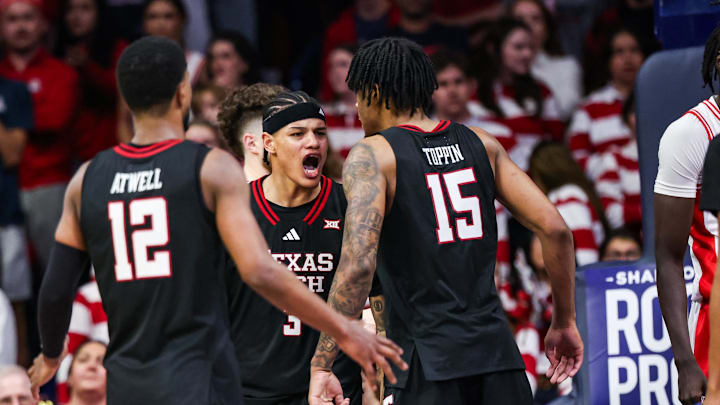 Feb 14, 2026; Tucson, Arizona, USA; Texas Tech Red Raiders forward LeJuan Watts (3) celebrates during the second half of the game against the Arizona Wildcats at McKale Memorial Center. Mandatory Credit: Aryanna Frank-Imagn Images Feb 14, 2026; Tucson, Arizona, USA; Texas Tech Red Raiders forward LeJuan Watts (3) celebrates during the second half of the game against the Arizona Wildcats at McKale Memorial Center. Mandatory Credit: Aryanna Frank-Imagn Images