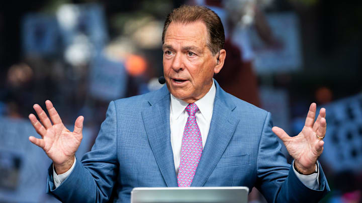 Former Alabama Football Coach and current ESPN analyst Nick Saban on the set of ESPN's College Game Day, at the University of Texas on the South Mall, ahead of the Longhorns' game against the Georgia Bulldogs in Austin, Oct. 19, 2024.