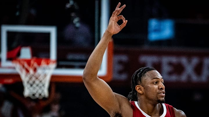 Alabama Crimson Tide forward Mouhamed Dioubate (10) celebrates scoring three points in the second half as the Texas Longhorns take on the Alabama Crimson Tide at the Moody Center, Feb. 11, 2025.