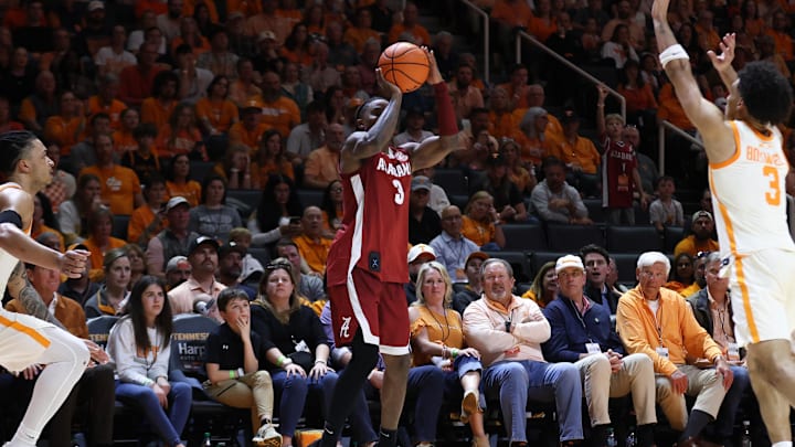Feb 28, 2026; Knoxville, Tennessee, USA; Alabama Crimson Tide guard Latrell Wrightsell Jr. (3) shoots a three pointer against the Tennessee Volunteers during the second half at Thompson-Boling Arena at Food City Center. Mandatory Credit: Randy Sartin-Imagn Images Feb 28, 2026; Knoxville, Tennessee, USA; Alabama Crimson Tide guard Latrell Wrightsell Jr. (3) shoots a three pointer against the Tennessee Volunteers during the second half at Thompson-Boling Arena at Food City Center. Mandatory Credit: Randy Sartin-Imagn Images
