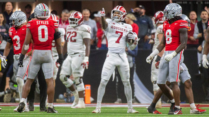 Indiana's E.J. Williams (7) celebrates a first down during the Indiana versus Ohio State Big Ten Championship football game at Lucas Oil Stadium on Saturday, Dec. 6, 2025. Indiana's E.J. Williams (7) celebrates a first down during the Indiana versus Ohio State Big Ten Championship football game at Lucas Oil Stadium on Saturday, Dec. 6, 2025.