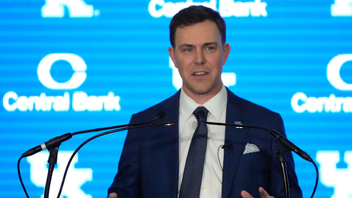 New Kentucky Wildcat head coach Will Stein makes remarks as he is introduced at Kentucky on Wednesday, December 3, 2025