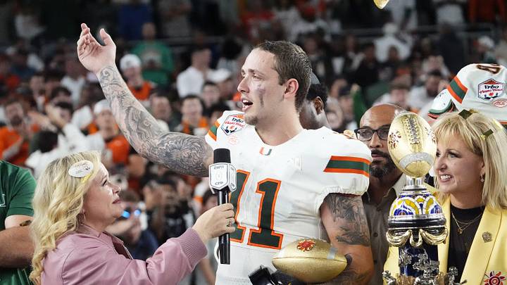 Miami Hurricanes quarterback Carson Beck (11) celebrates after defeating the Mississippi Rebels 31-27 during the Vrbo Fiesta Bowl and CFP semifinal game at State Farm Stadium on Jan. 8, 2026, in Glendale. Miami Hurricanes quarterback Carson Beck (11) celebrates after defeating the Mississippi Rebels 31-27 during the Vrbo Fiesta Bowl and CFP semifinal game at State Farm Stadium on Jan. 8, 2026, in Glendale.