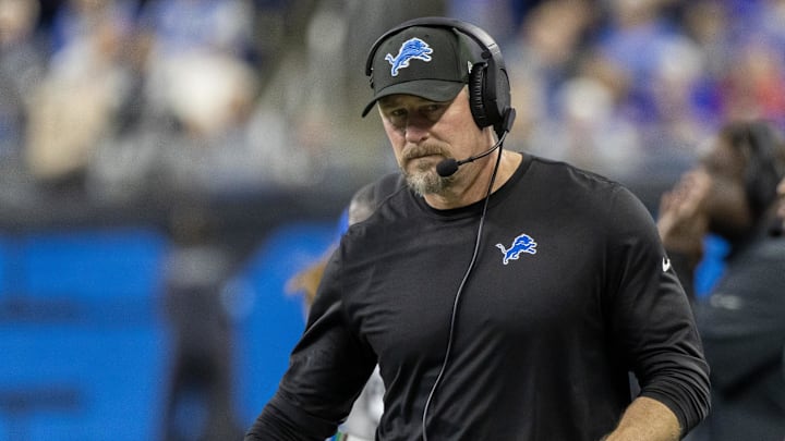 Dec 15, 2024; Detroit, Michigan, USA; Detroit Lions Head Coach Dan Campbell walks the sidelines during the second quarter against the Buffalo Bills at Ford Field. Mandatory Credit: David Reginek-Imagn Images