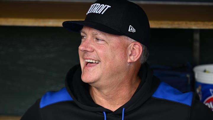 Jul 11, 2025; Detroit, Michigan, USA; Detroit Tigers manager A.J. Hinch (14) jokes around with his players in the dugout before their game against the Seattle Mariners at Comerica Park. Mandatory Credit: Lon Horwedel-Imagn Images