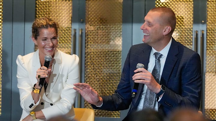 Kentucky coach Mark Pope and his wife Lee Anne shared a laugh about their first date on stage at the Greater Louisville UK Alumni Club tip off luncheon. Monday, October 21, 2024