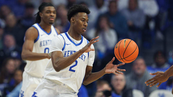 Dec 11, 2024; Lexington, Kentucky, USA; Kentucky Wildcats guard Jaxson Robinson (2) grabs a pass during the first half against the Colgate Raiders at Rupp Arena at Central Bank Center. Mandatory Credit: Jordan Prather-Imagn Images
