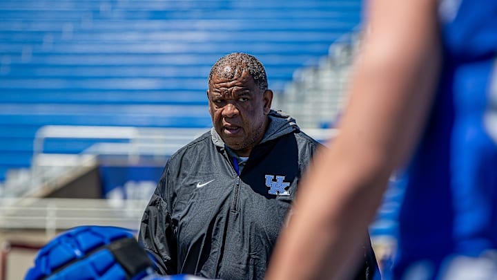 Kentucky associate head coach/tight end coach Vince Marrow worked his squad through drills during the Kentucky Wildcats' Blue White scrimmage at Kroger Field on Saturday afternoon in Lexington, Kentucky. April 13, 2024