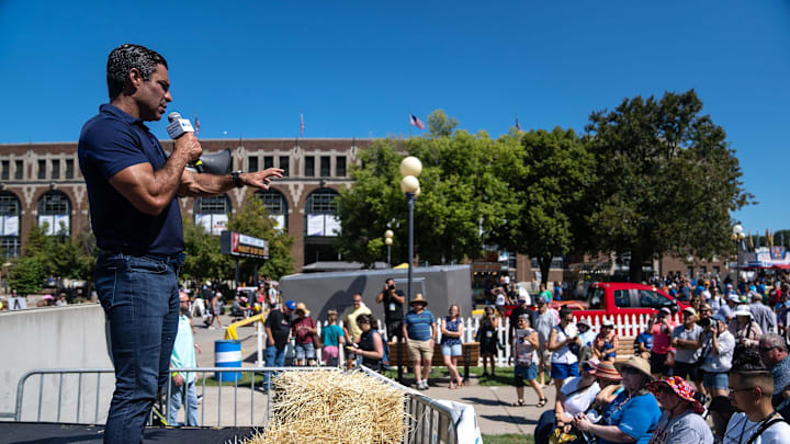 Miami Mayor Francis Suarez speaks on the Des Moines Register Political soapbox on Friday, Aug. 11, 2023, at the Iowa State Fair, in Des Moines.