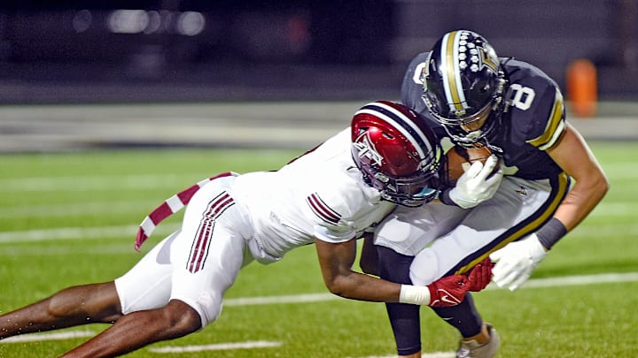 Fort PayneÕs Brannon Oliver tries to evade the tackle of Gadsden CityÕs Zyan Gibson during high school football action in Fort Payne, Alabama October 11, 2024. (Dave Hyatt / Special to the Gadsden Times)