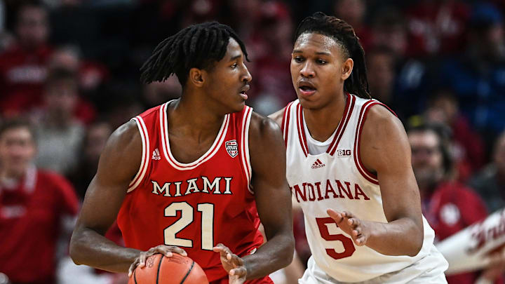 Miami (Oh) Redhawks forward Jaquel Morris (21) carries the ball against Indiana Hoosiers forward Malik Reneau (5) in the second half of the Hoosier Classic on Sunday, Nov. 20, 2022. at Gainbridge Fieldhouse in Indianapolis. Indiana Hoosiers defeated the Miami (Oh) Redhawks 86-56.

Uscp 7npjek4t848b93lg19ys Original