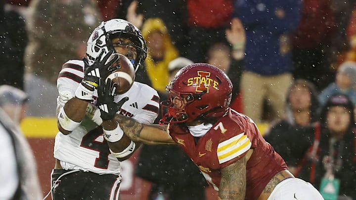 Iowa State Cyclones defensive back Malik Verdon (7) knocks the ball out from Texas Tech Red Raiders' wide receiver Jordan Brown (4) during the fourth quarter in the week-10 NCAA football at Jack Trice Stadium on Saturday, Nov. 2, 2024, in Ames, Iowa.