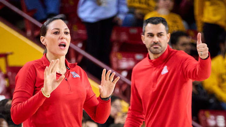 Jan 22, 2023; Tempe, AZ, USA; Arizona Wildcats head coach Adia Barnes and assistant coach Salvo Coppa call to their team while they face the Arizona State Sun Devils at Desert Financial Arena on Sunday, Jan. 22, 2023. Mandatory Credit: Alex Gould/The Republic

Ncaa Womens Basketball Asu Womens Basketball Vs Arizona