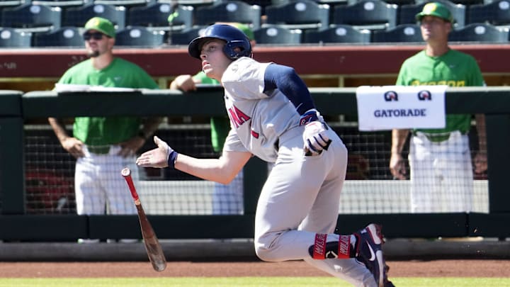 May 25, 2022; Scottsdale, Arizona, USA; Arizona Wildcats Garen Caulfield (1) hits a two-run home run against the Oregon Ducks in the second inning during the Pac-12 Baseball Tournament at Scottsdale Stadium.

Ncaa Baseball Arizona At Oregon