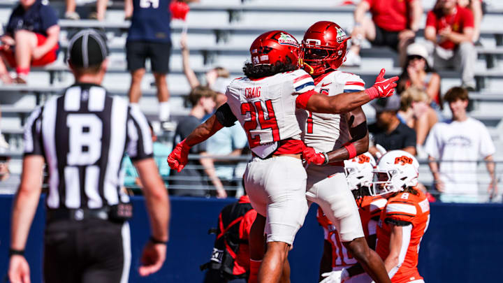 Oct 4, 2025; Tucson, Arizona, USA; Arizona Wildcats wide receiver Chris Hunter (11) celebrates a touchdown with running back Quincy Craig (24) during the third quarter of the game at Arizona Stadium. Mandatory Credit: Aryanna Frank-Imagn Images