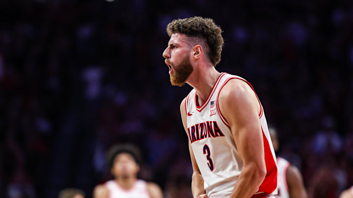 Nov 7, 2025; Tucson, Arizona, USA; Arizona Wildcats guard Anthony Dell’Orso (3) celebrates a three-pointer he makes during the first half of the game against the Utah Tech Trailblazers at McKale Memorial Center. Mandatory Credit: Aryanna Frank-Imagn Images