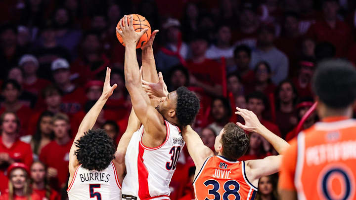 Dec 6, 2025; Tucson, Arizona, USA; Arizona Wildcats forward Tobe Awaka (30) rebounds the ball during the second half of the game against the Auburn Tigers at McKale Memorial Center. Mandatory Credit: Aryanna Frank-Imagn Images Dec 6, 2025; Tucson, Arizona, USA; Arizona Wildcats forward Tobe Awaka (30) rebounds the ball during the second half of the game against the Auburn Tigers at McKale Memorial Center. Mandatory Credit: Aryanna Frank-Imagn Images