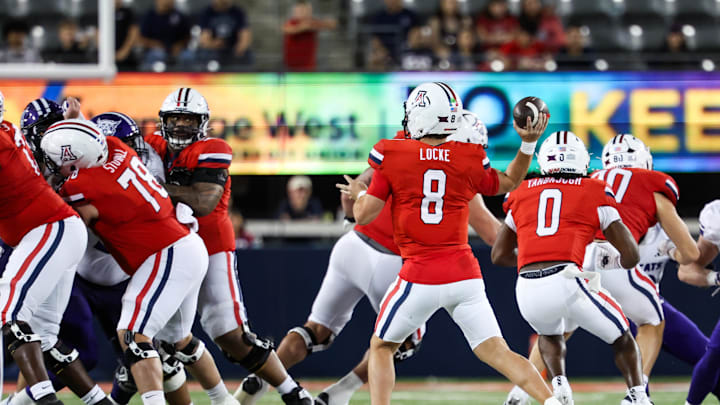 Sep 6, 2025; Tucson, Arizona, USA; Arizona Wildcats quarterback Braedyn Locke (8) passes the ball during the fourth quarter of the game against the Weber State Wildcats at Arizona Stadium. Mandatory Credit: Aryanna Frank-Imagn Images