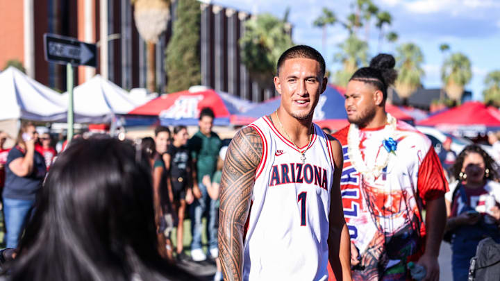 Aug 30, 2025; Tucson, Arizona, USA; Carolina Panthers wide receiver Tetairoa McMillan (4) waits for the Arizona Wildcats team to arrive before the start of the game against the Hawaii Rainbow Warriors at Arizona Stadium. Mandatory Credit: Aryanna Frank-Imagn Images