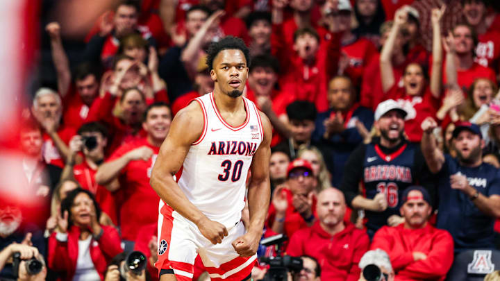 Jan 14, 2026; Tucson, Arizona, USA; Arizona Wildcats forward Tobe Awaka (30) reacts during the first half of the game against the Arizona State Sun Devils at McKale Memorial Center. Mandatory Credit: Aryanna Frank-Imagn Images