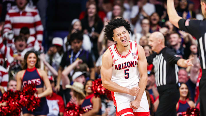 Feb 7, 2026; Tucson, Arizona, USA; Arizona Wildcats guard Brayden Burries (5) celebrates during the first half of the game against the Oklahoma State Cowboys at McKale Memorial Center. Mandatory Credit: Aryanna Frank-Imagn Images Feb 7, 2026; Tucson, Arizona, USA; Arizona Wildcats guard Brayden Burries (5) celebrates during the first half of the game against the Oklahoma State Cowboys at McKale Memorial Center. Mandatory Credit: Aryanna Frank-Imagn Images