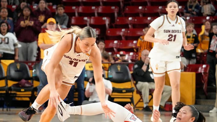 Arizona State Sun Devils guard Marley Washenitz (11) steals the ball from Arizona Wildcats guard Sumayah Sugapong (3) on Jan. 28, 2026, at Desert Financial Arena in Tempe.